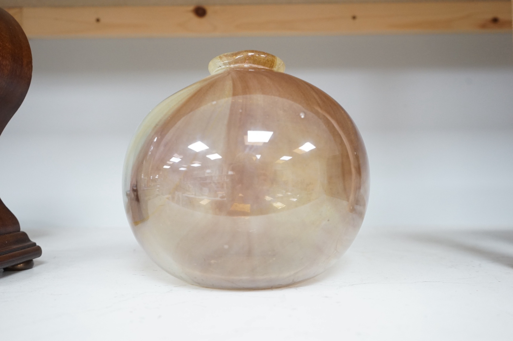 Michael Harris for Mdina - a smoky glass vase of globular form, etched to base ‘Michael Harris, Mdina glass, Malta, E.M.G. M-A. 29 x 69., Robin and Paddy’, 16cm tall. Condition - good
